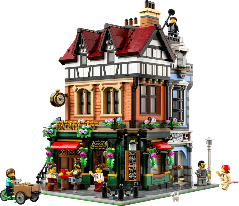Lego Creator Expert Tudor Corner displaying intricate brickwork and architectural details